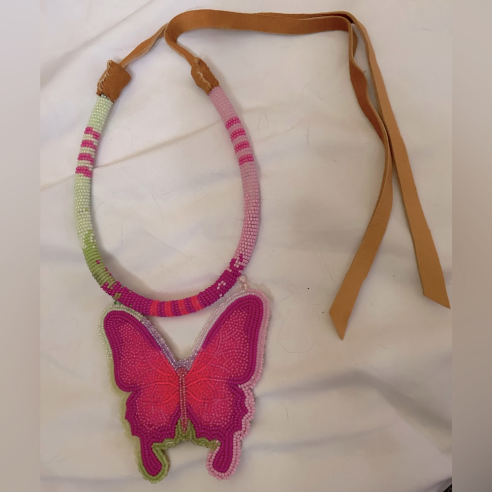 Pink & Green Beaded Butterfly Chocker Necklace